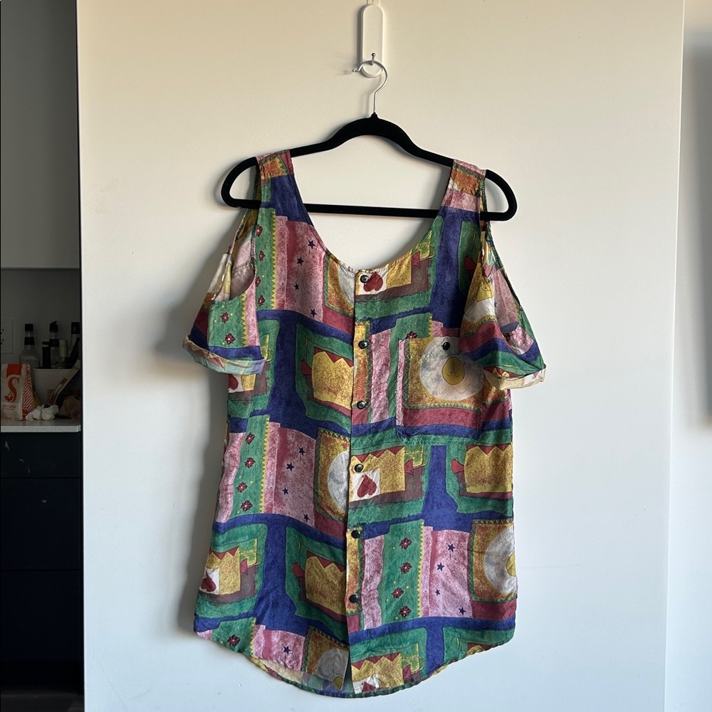 Vintage Multicolor Geometric Shoulder Cut Out Tunic/Long Top OS